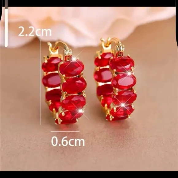 925/18K gold plated ruby oval cut inside out hoop earrings with swarovski #123 - Picture 11 of 13